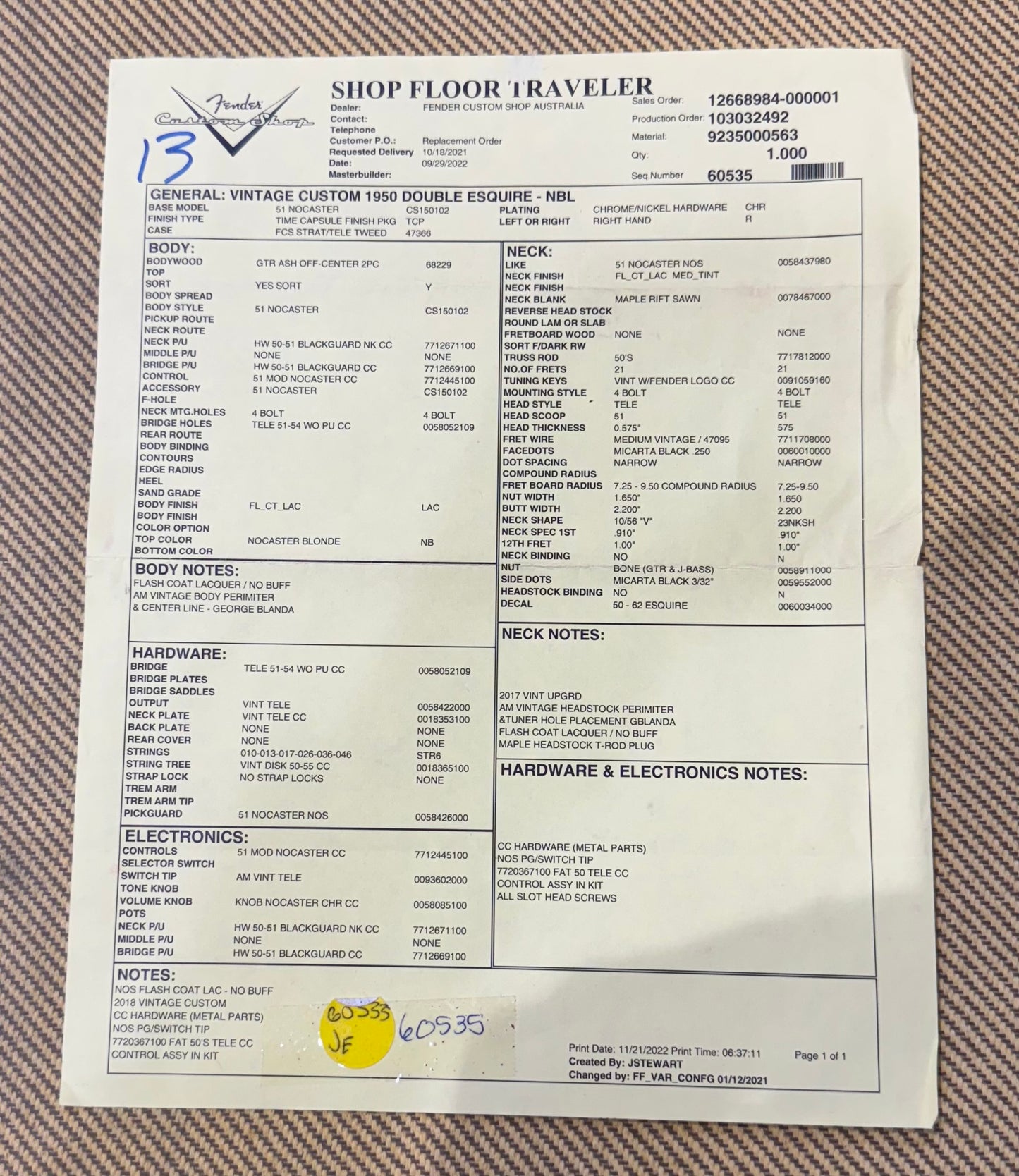 Fender Shop Floor Traveler document on a textured surface