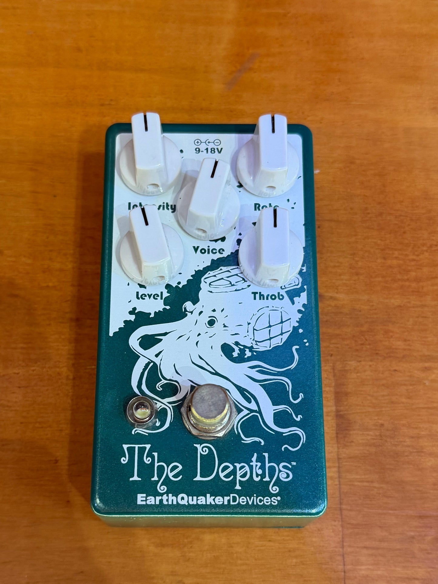 Guitar effects pedal with 'The Depths' branding on a wooden surface