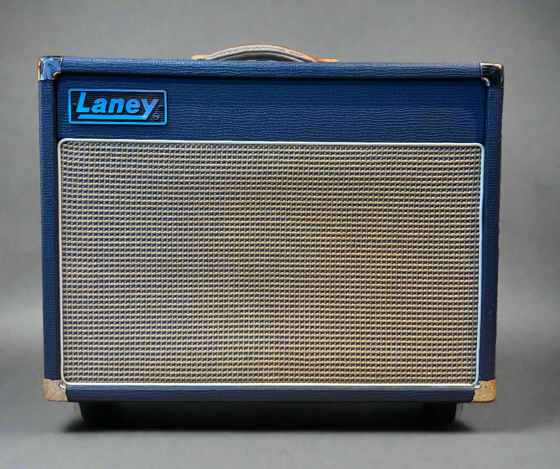 Blue Laney amplifier with other amplifiers in the background