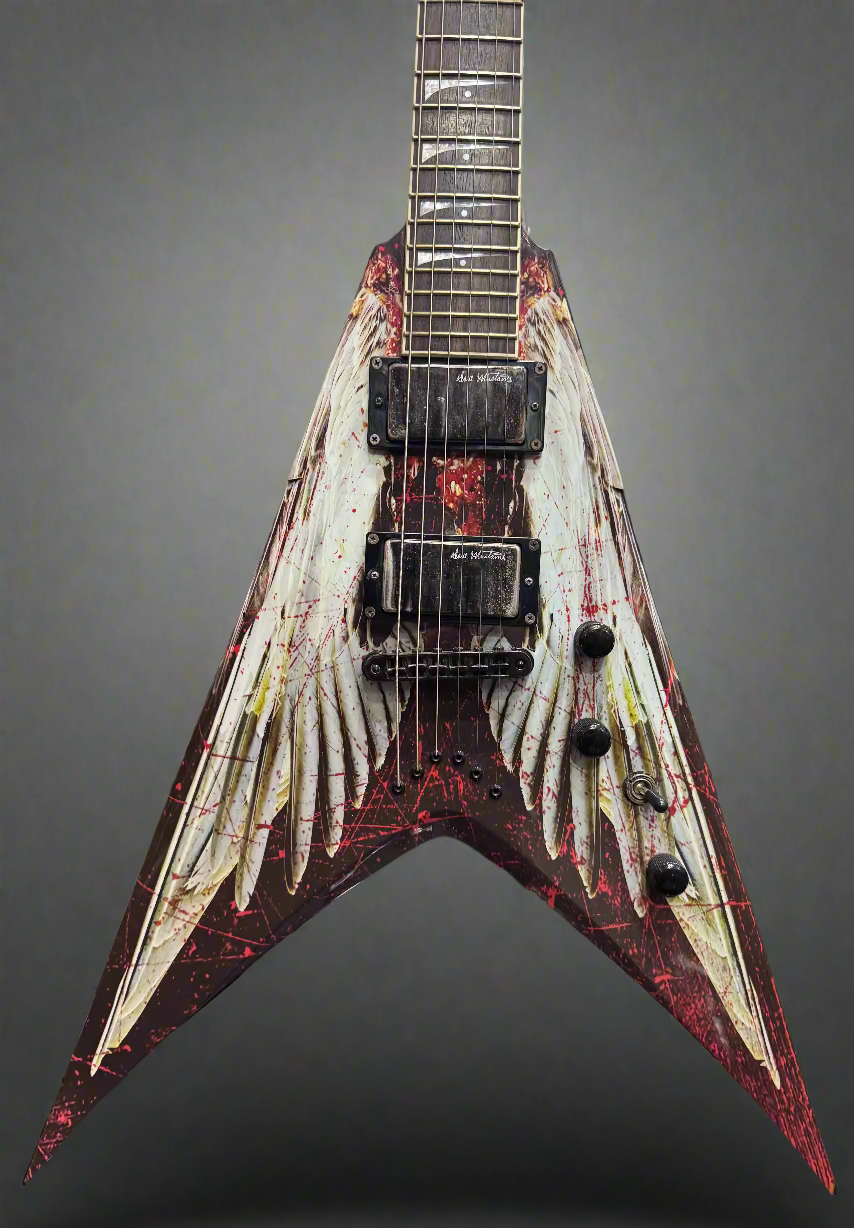 Distressed electric guitar with a unique design in front of a wall of other guitars.
