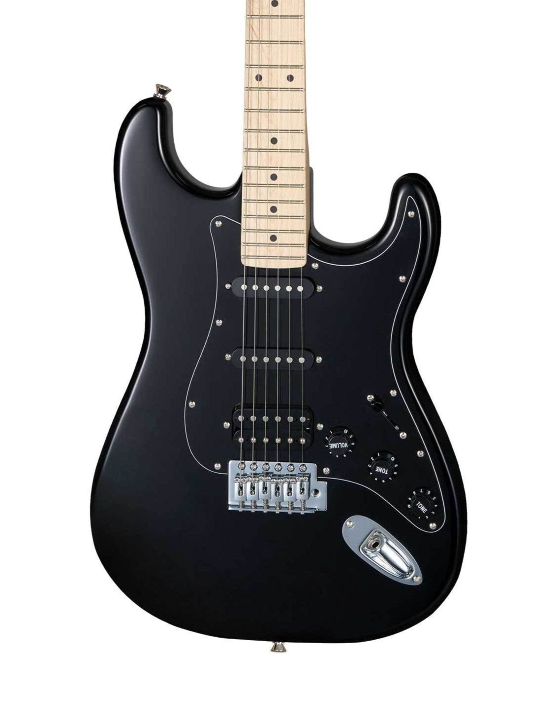 Black electric guitar with a maple neck on a white background