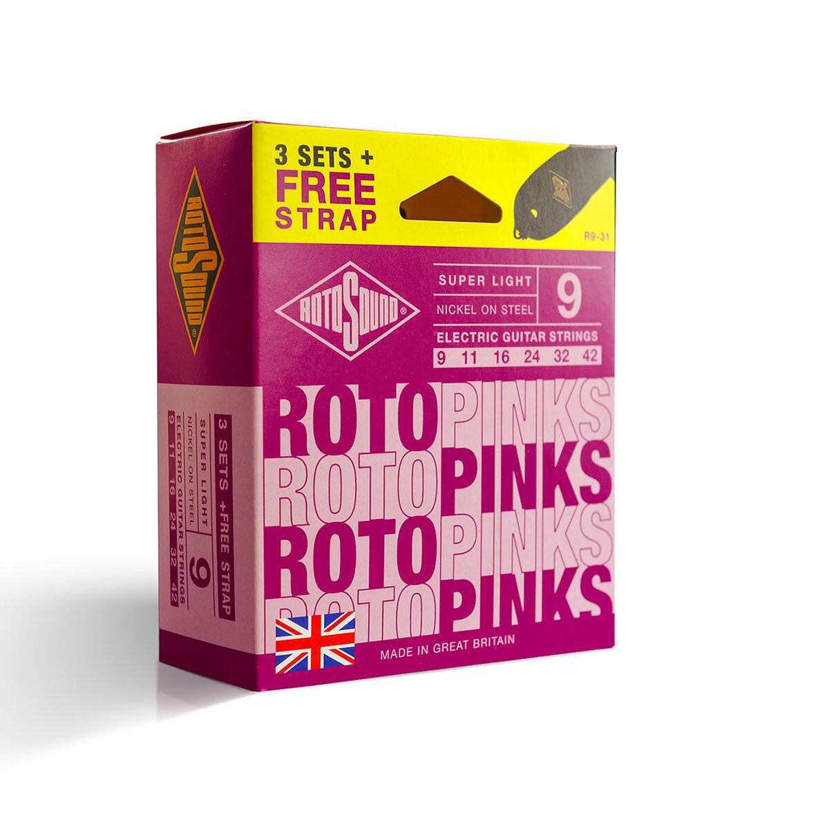 Rotosound Pinks R9-31 9-42 Electric Value 3-Pack String Set + Bonus Strap