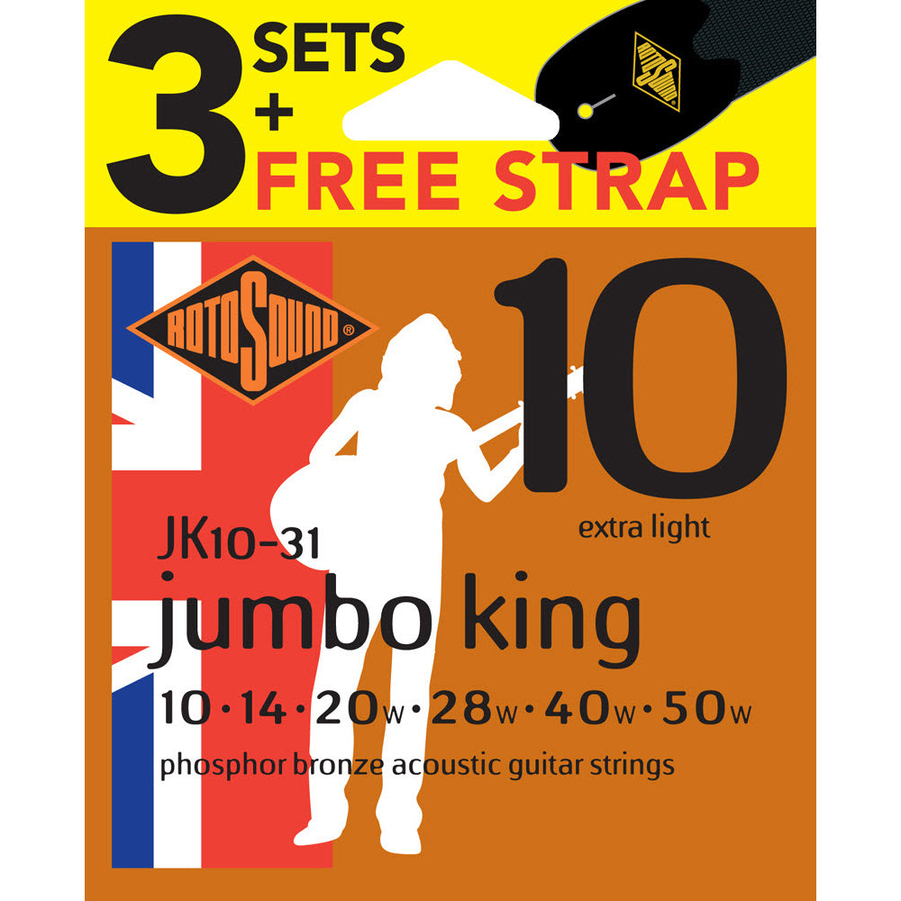 Rotosound Jumbo King JK10-31 10-50 Phosphor Bronze Value 3-Pack + Free Strap