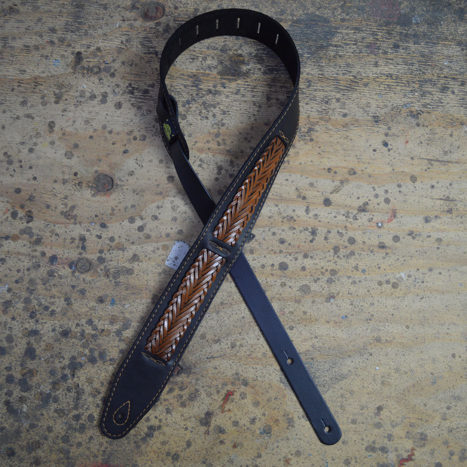Colonial Leather Black Soft Leather with Brown Plait Guitar Strap