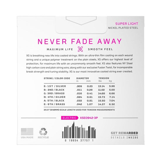 D'Addario 3 Pack XS Coated Electric Guitar Strings 9-42