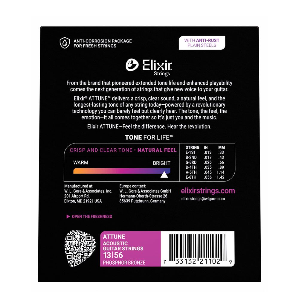 Elixir ATTUNE Phosphor Bronze Acoustic Guitar Strings - Medium - 13-56
