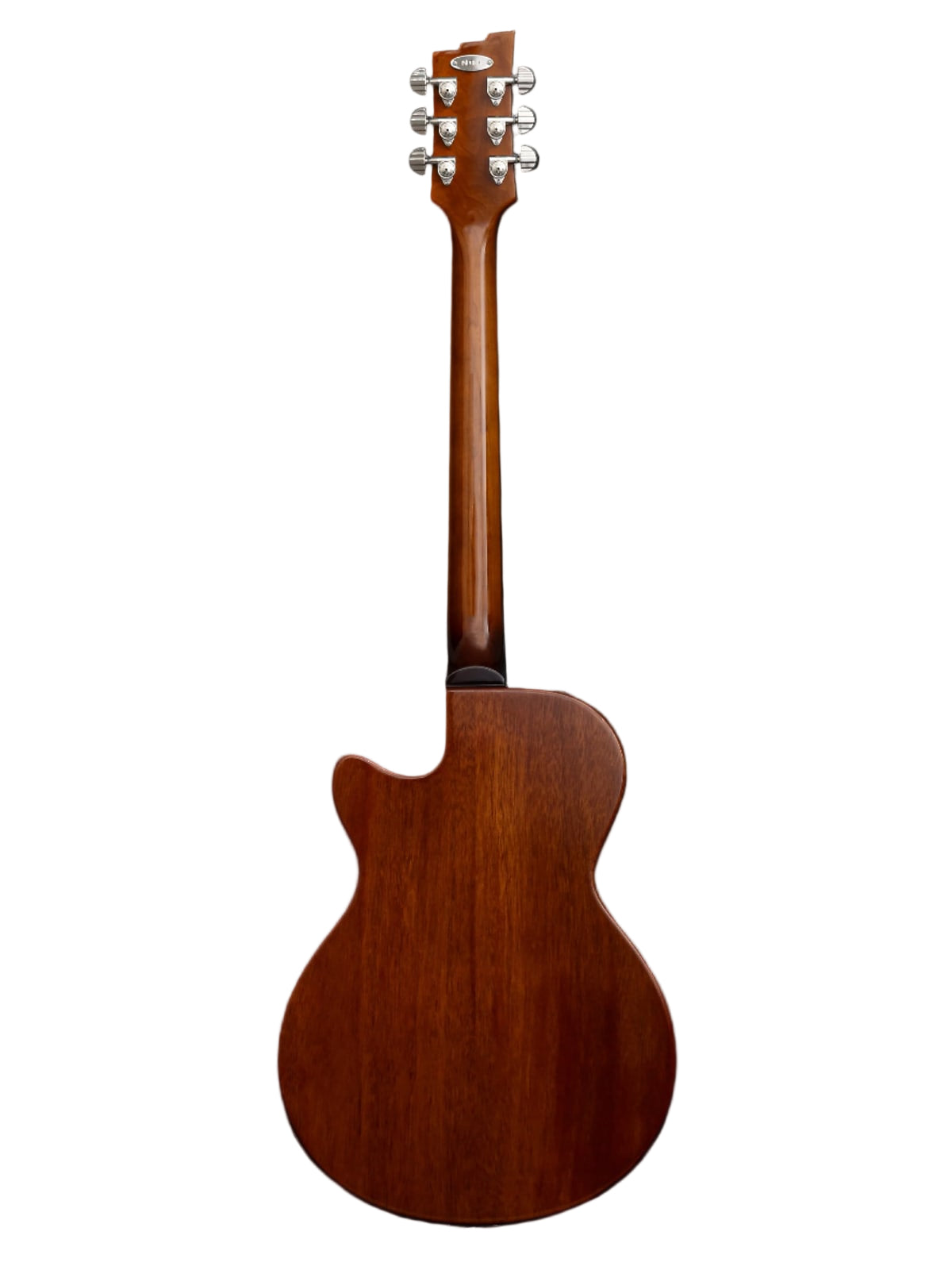 Back view of a wooden acoustic guitar on a black background