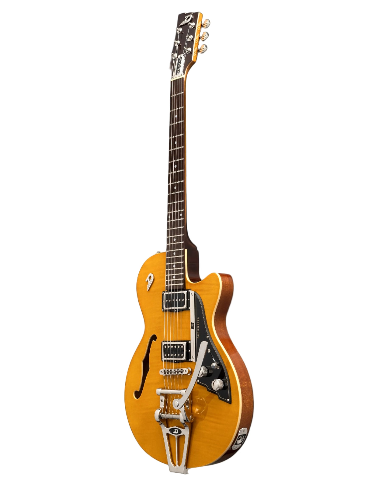Electric guitar with a sunburst finish on a black background