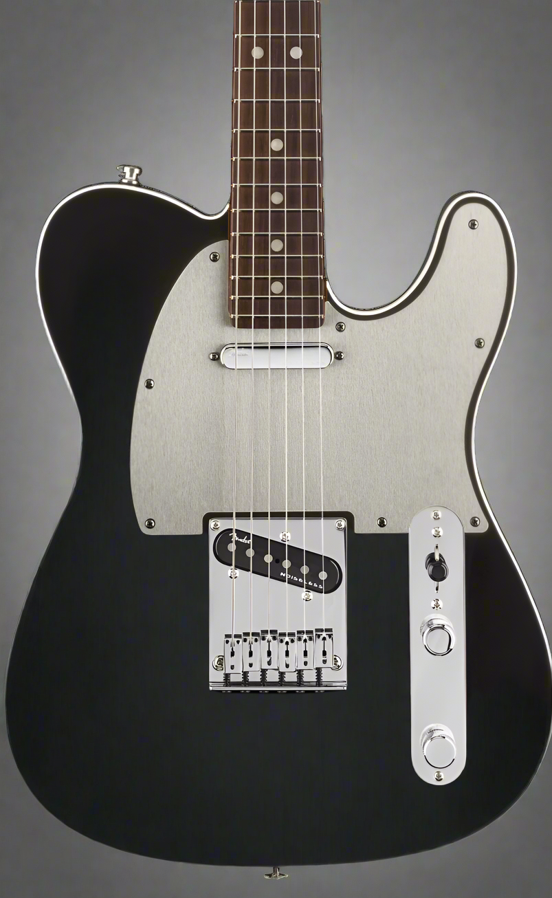 A black Fender American Ultra Telecaster electric guitar with a rosewood fretboard and a gloss polyurethane finish body. It features a maple neck, satin urethane with gloss urethane headstock face, and chrome hardware.