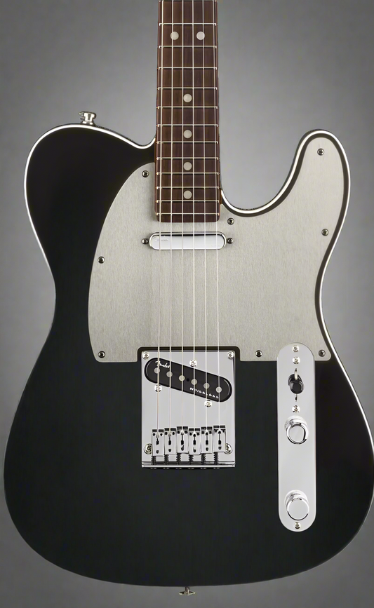 A black Fender American Ultra Telecaster electric guitar with a rosewood fretboard and a gloss polyurethane finish body. It features a maple neck, satin urethane with gloss urethane headstock face, and chrome hardware.