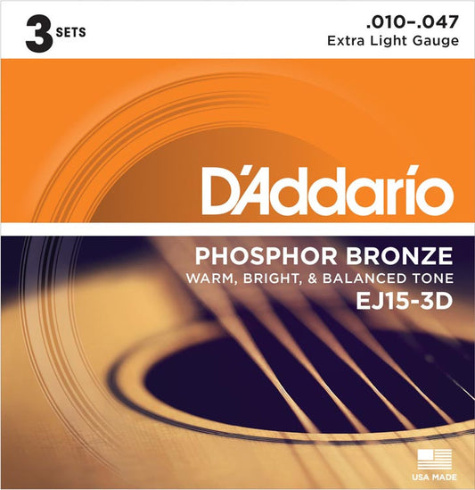 D'Addario EJ15 3 Pack Phosphor Bronze 10-47 Extra Light