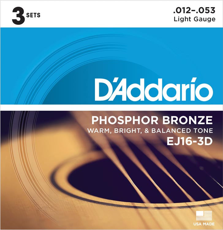 D'Addario EJ16 3 Pack Phosphor Bronze 12-53 Light