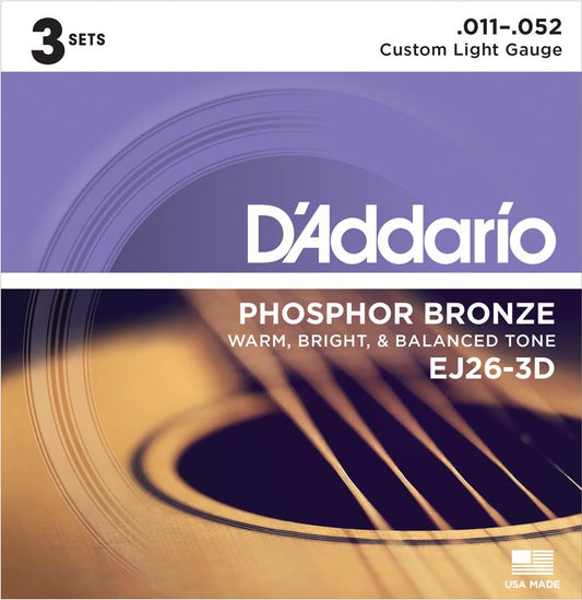 D'Addario EJ26 3 Pack Phosphor Bronze 11-52 Custom Light
