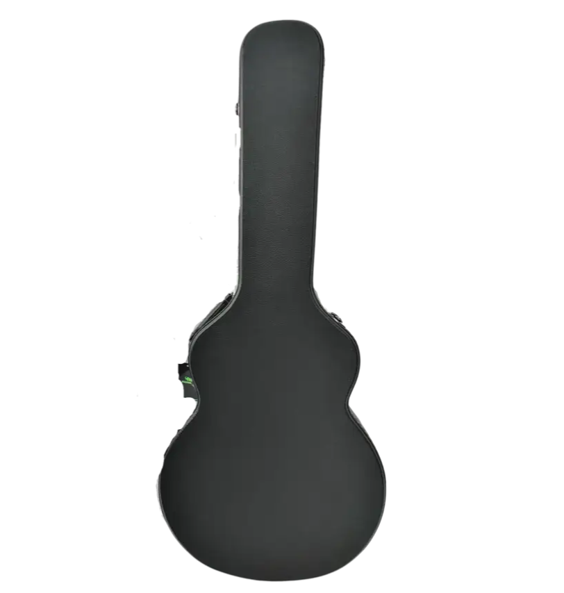 Black guitar case on a white background