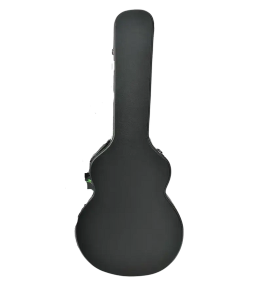 Black guitar case on a white background
