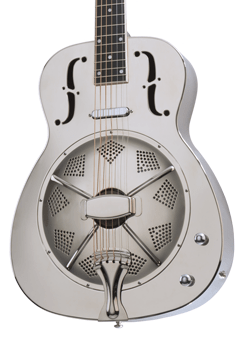Resonator guitar with a metallic finish on a white background