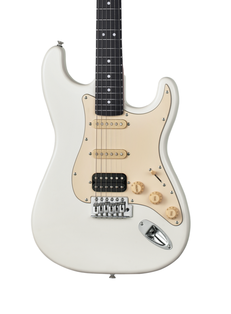 White electric guitar on a white background