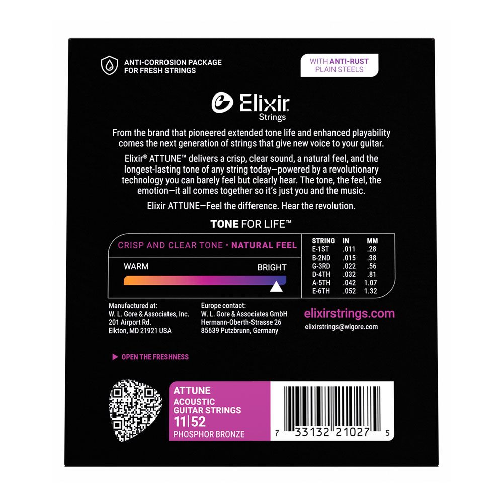 Elixir ATTUNE Phosphor Bronze Acoustic Guitar Strings - Custom Light - 11-52
