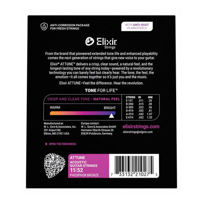 Elixir ATTUNE Phosphor Bronze Acoustic Guitar Strings - Custom Light - 11-52