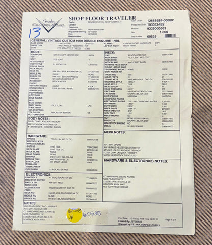 Fender Shop Floor Traveler document on a textured surface