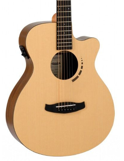 Acoustic guitar with a cutaway on a white background