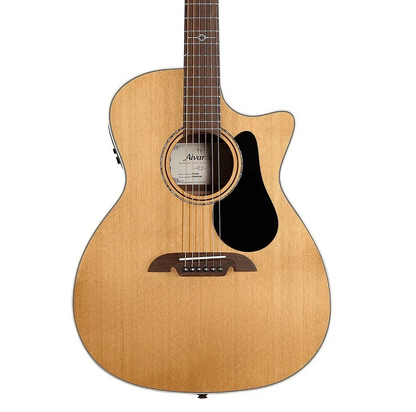 Acoustic guitar with a visible brand logo on a white background