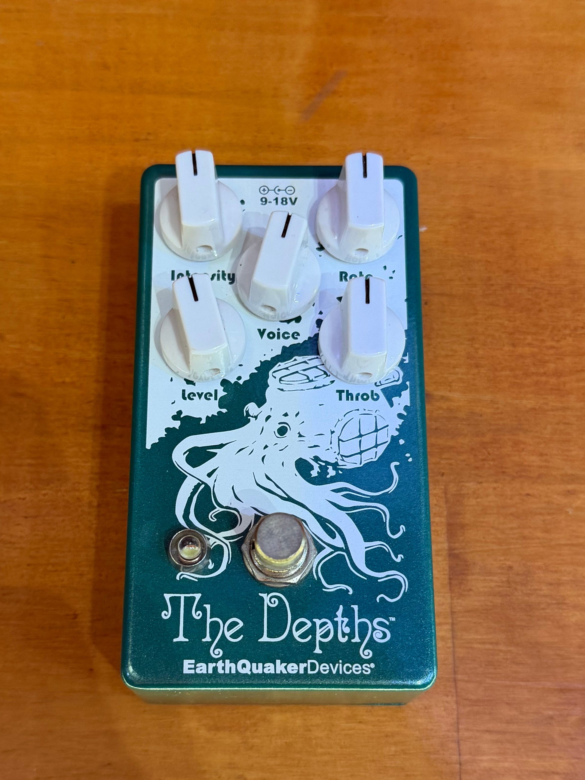 Guitar effects pedal with 'The Depths' branding on a wooden surface