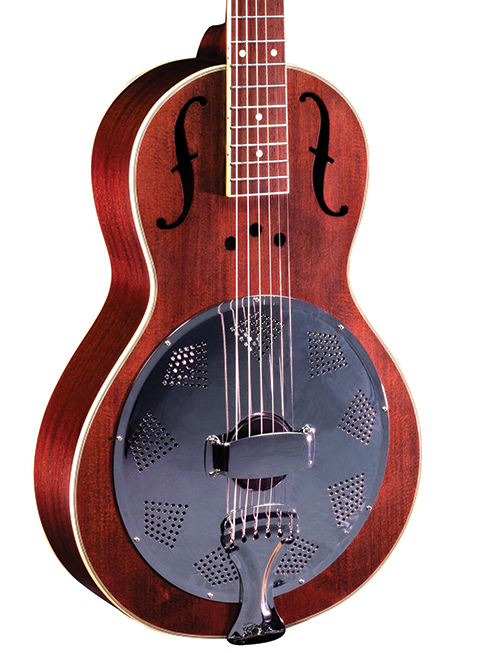 Acoustic guitar with a wooden body and metal strings on a white background