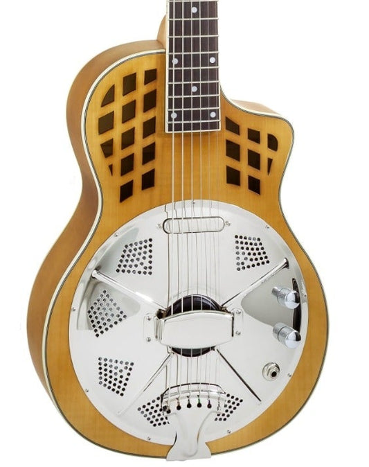 Wooden resonator guitar on a white background