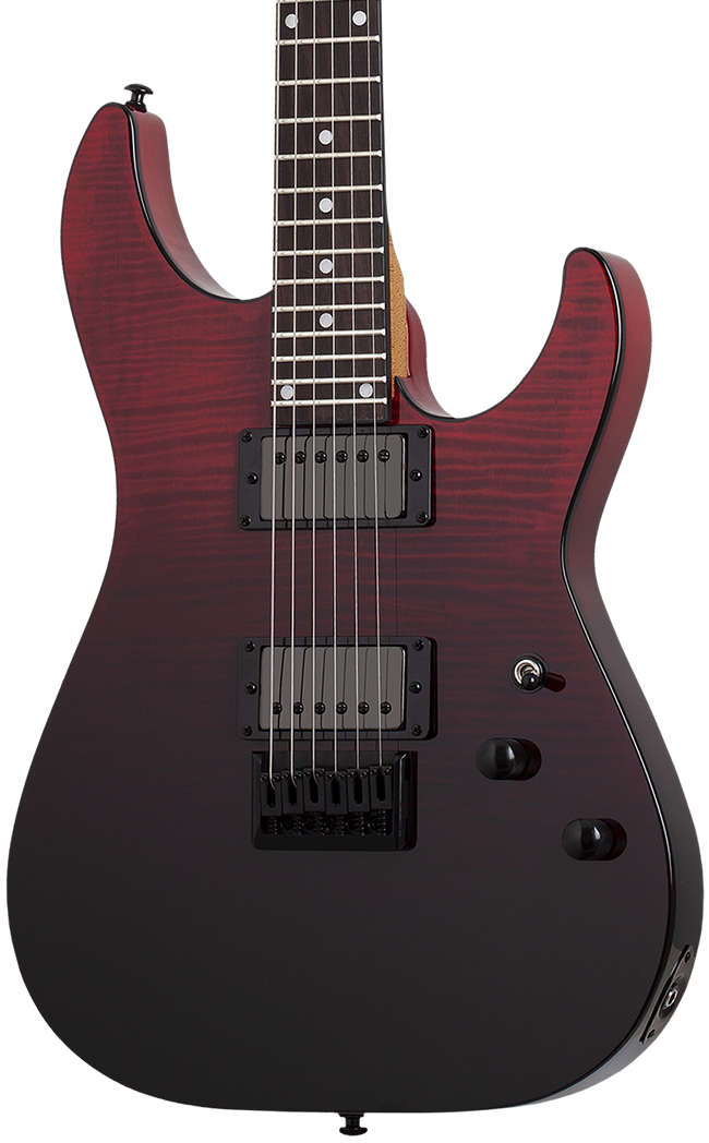 A modern electric guitar with a glossy black body featuring a subtle red cherry wood grain flamed finish, a dark fretboard with dot inlays, and black humbucker pickups, shown against a plain white background.
