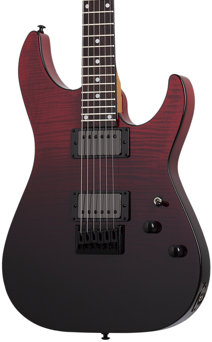 A modern electric guitar with a glossy black body featuring a subtle red cherry wood grain flamed finish, a dark fretboard with dot inlays, and black humbucker pickups, shown against a plain white background.