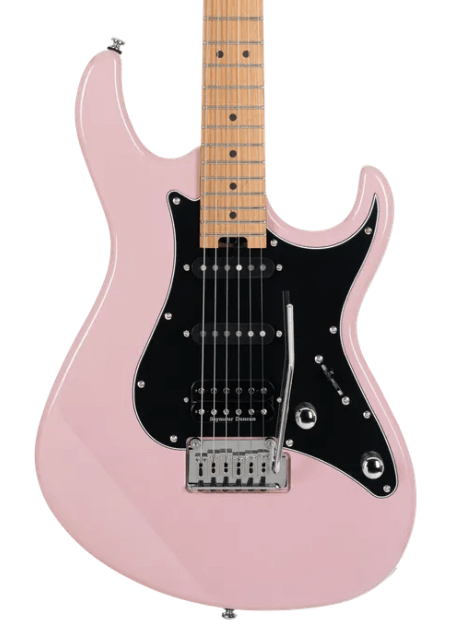 Pink electric guitar with a white background