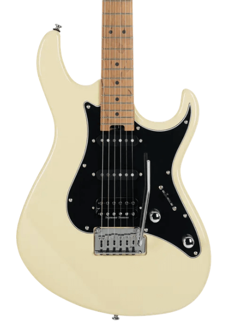 White electric guitar with a black pickguard on a white background