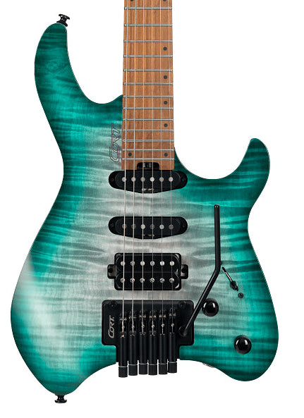 Turquoise electric guitar on a white background