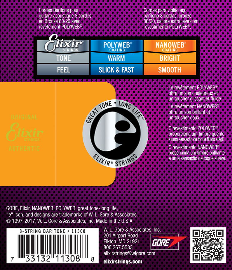 Elixir Acoustic Nanoweb 80/20 8-String Baritone Strings 16-70