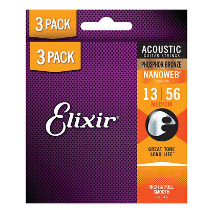 Elixir Acoustic Phosphor Bronze Nanoweb 13-56 Medium 3 Pack