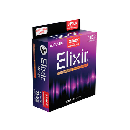 Elixir Acoustic 80/20 Nanoweb 11-52 Custom Light -3 Pack