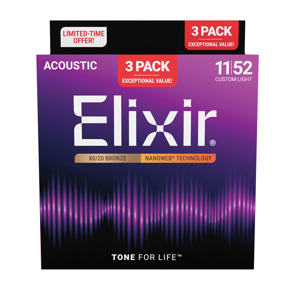 Elixir Acoustic 80/20 Nanoweb 11-52 Custom Light -3 Pack
