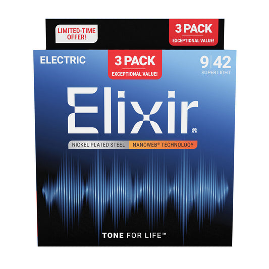 Elixir Electric Nickel Plated Steel Nanoweb 9-42 Super Light 3 Pack