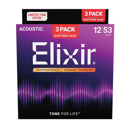 Elixir Acoustic Phosphor Bronze Nanoweb 12-53 Light 3 Pack