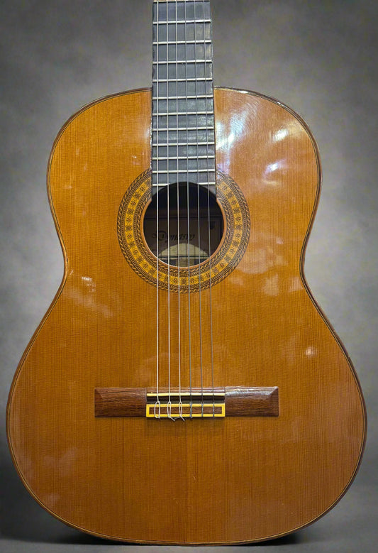 Wooden classical guitar with a blurred background of other guitars
