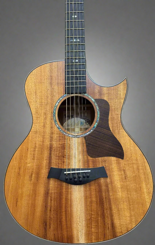 Wooden acoustic guitar with a blurred background of other guitars