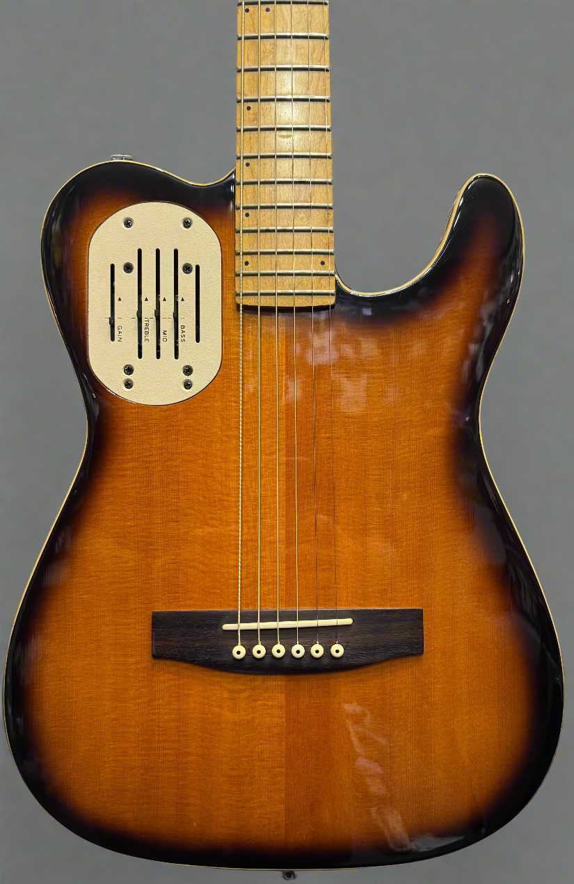 Electric guitar with a sunburst finish in a music store setting
