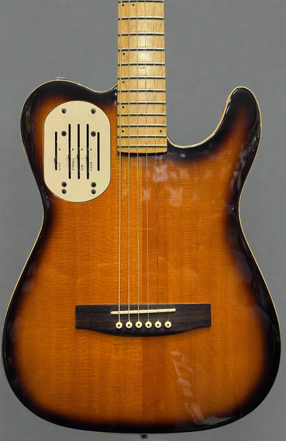 Electric guitar with a sunburst finish in a music store setting