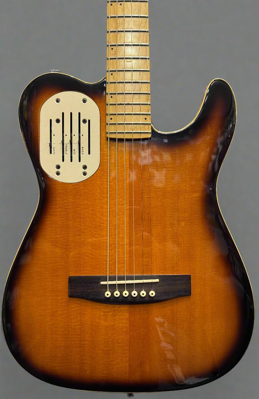 Electric guitar with a sunburst finish in a music store setting