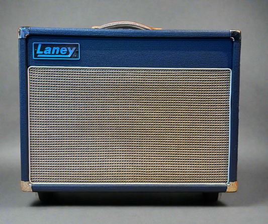 Blue Laney amplifier with other amplifiers in the background
