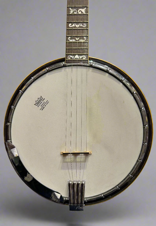 Close-up of a banjo with a blurred background of other instruments