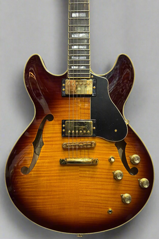 Close-up of a brown electric guitar with a blurred background of other guitars.