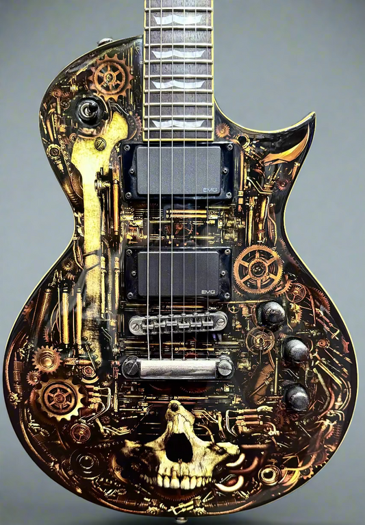 Guitar with steampunk design featuring gears and a skull, set against a blurred background of other guitars.