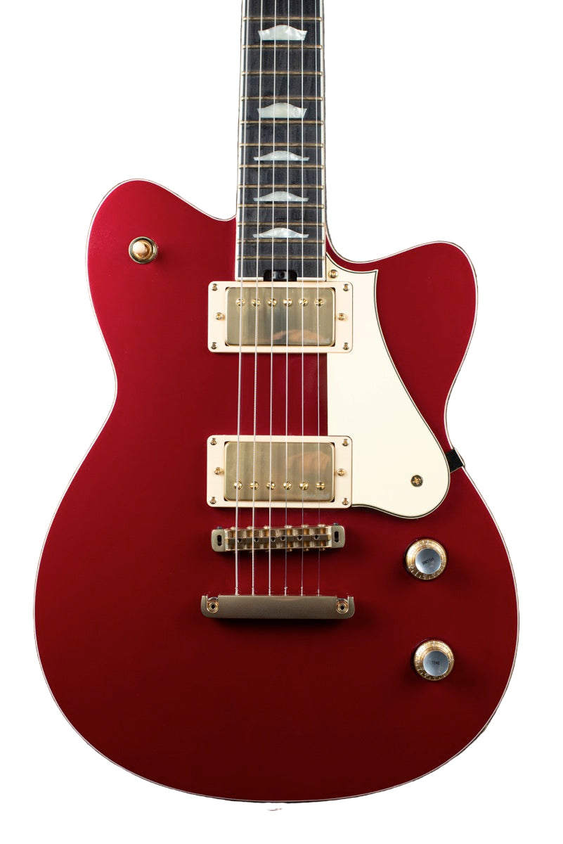 Red electric guitar with gold hardware on a black textured background